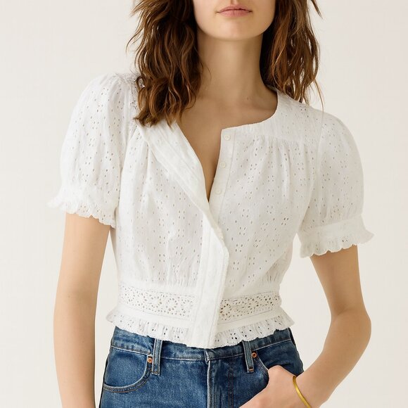 J. Crew Tops - J. CREW White Button-Front Eyelet Cropped Top 100% Cotton SZ XS